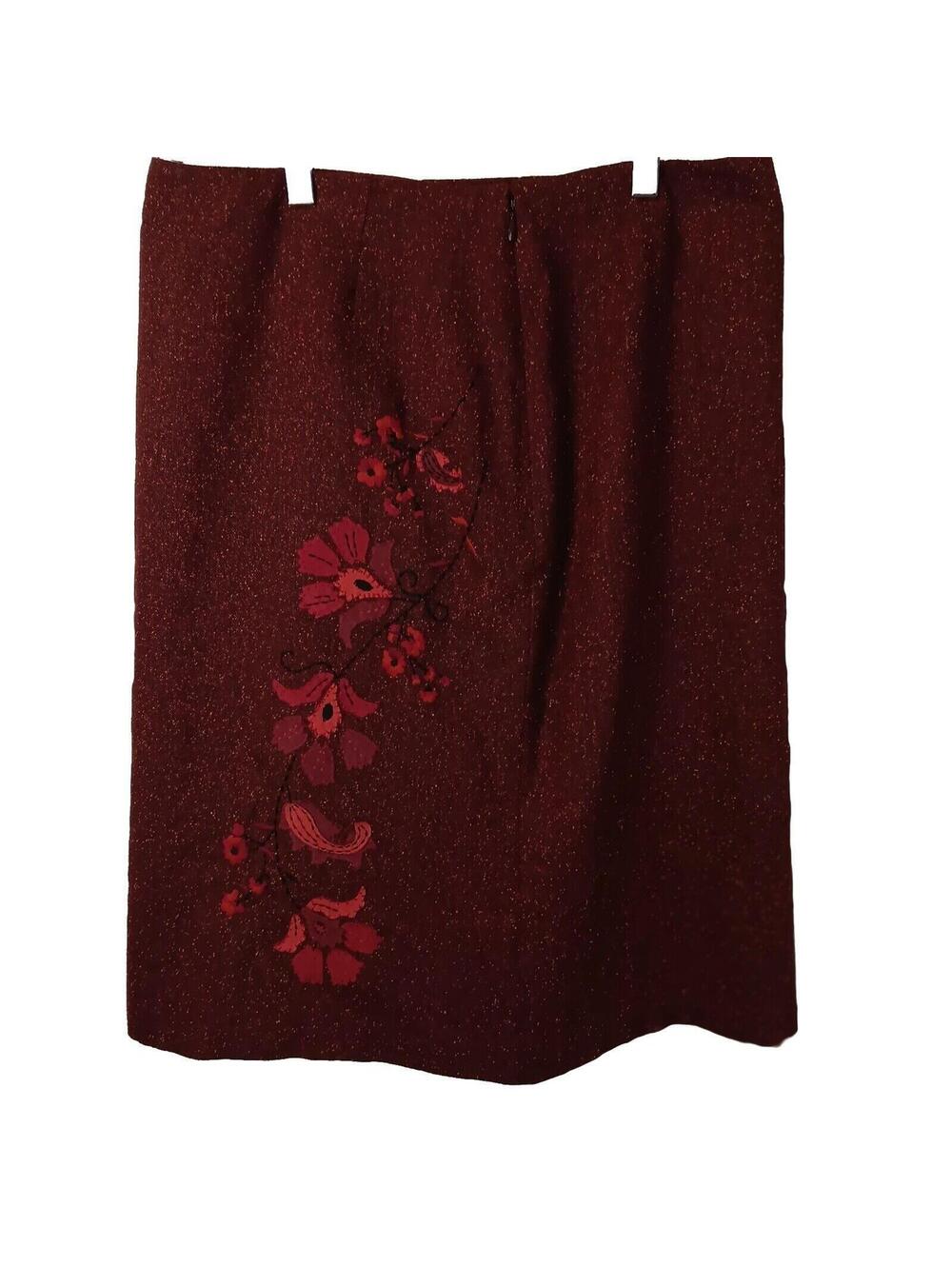 Bandolino Cranberry Western Embroidered Floral Pattern Silk/Rayon Skirt, NWT, 10 - Picture 4 of 6